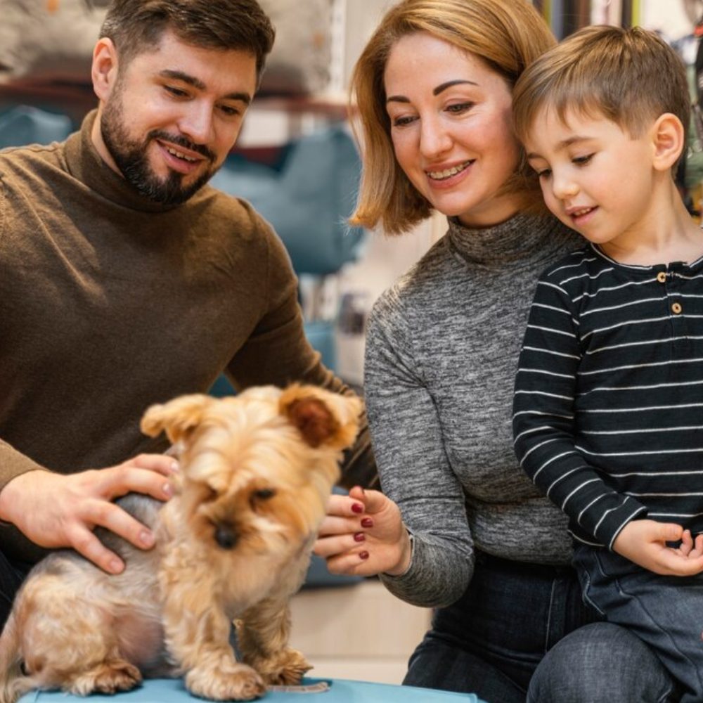 Cute little dog with owners at the pet shop<br />
