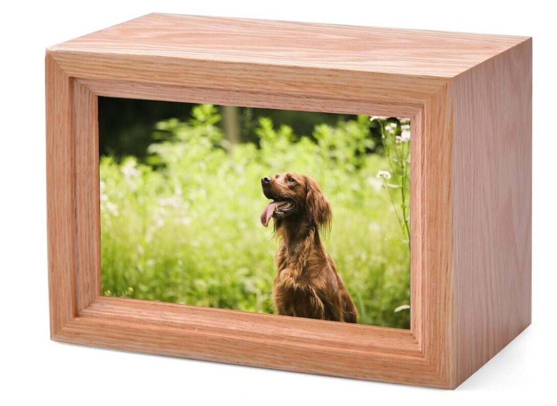 A wooden box with a dog image